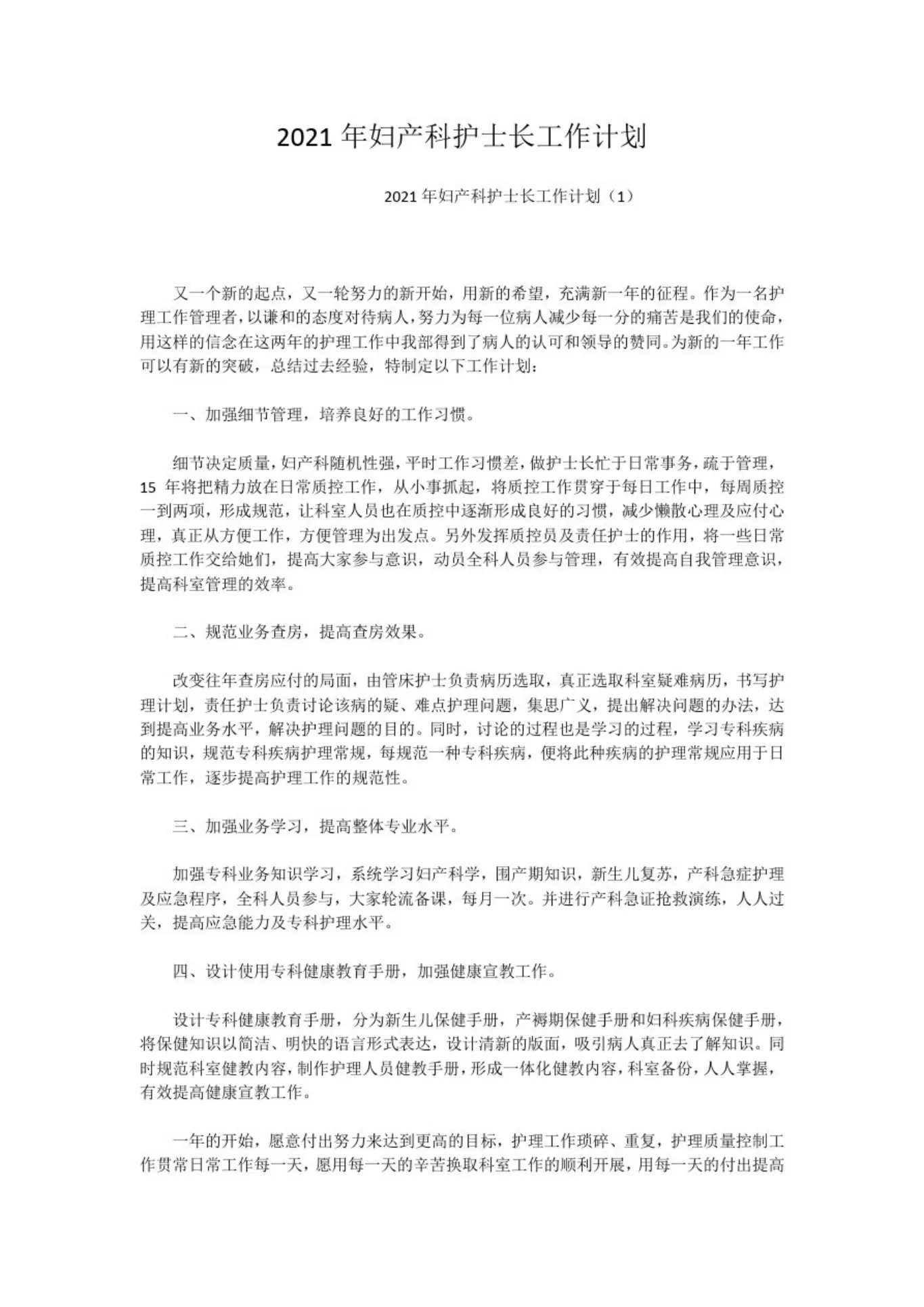 妇产科护士长工作计划 1 预览图