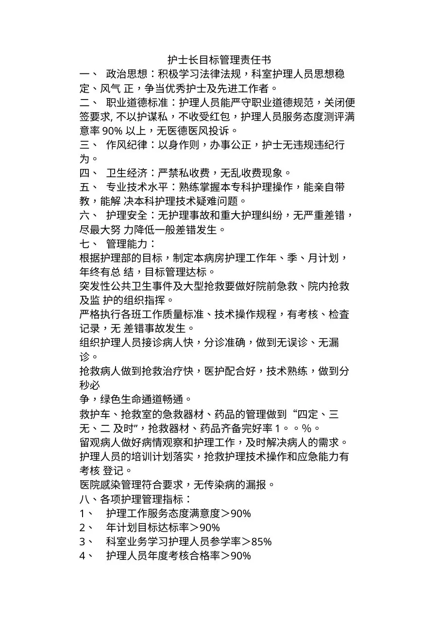 急诊科护士长目标管理责任书
