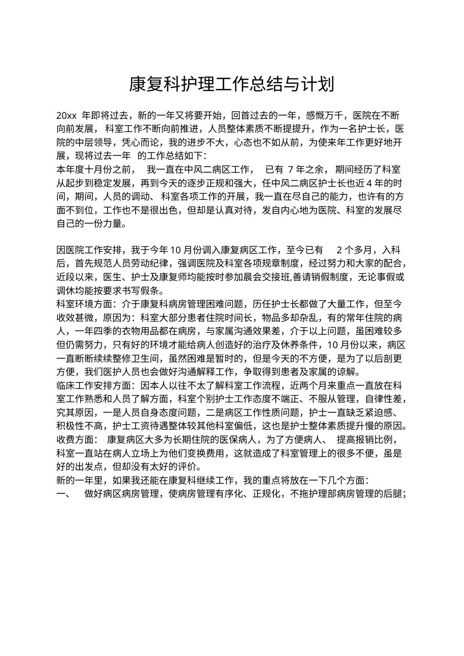 康复科护理工作总结与计划 预览图