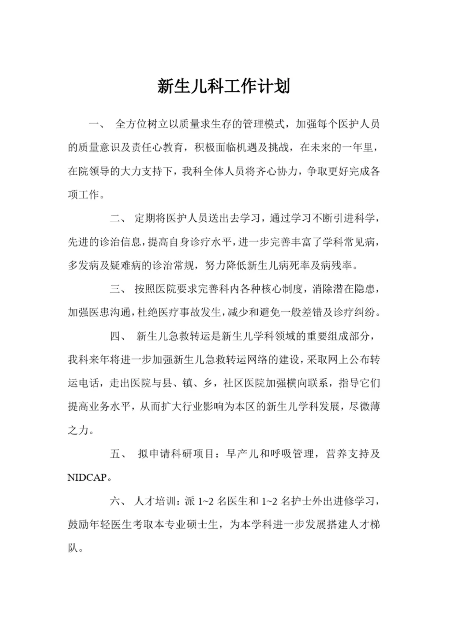 新生儿科工作计划 预览图