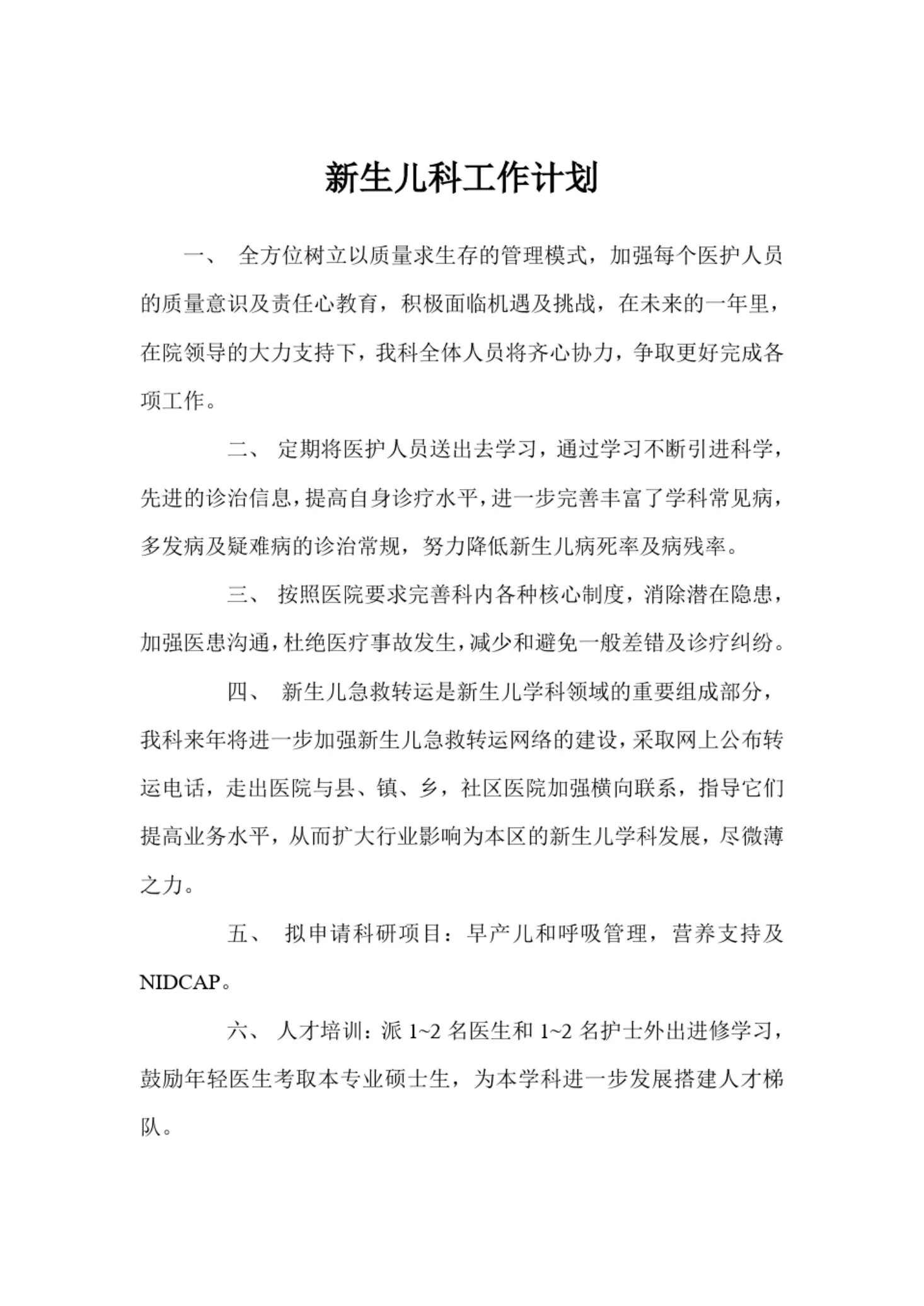 新生儿科工作计划 预览图