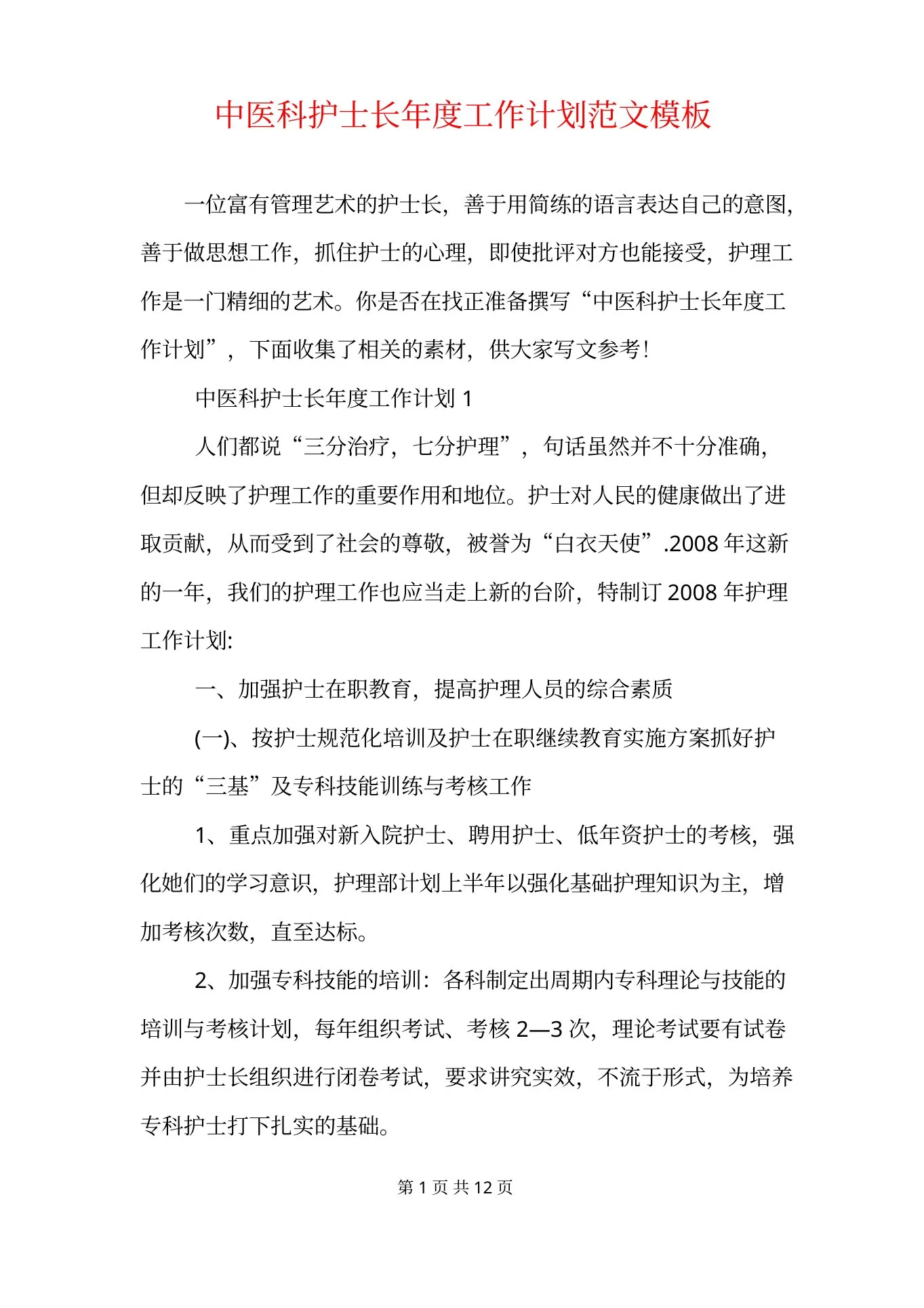 中医科护士长年度工作计划范文模板 预览图