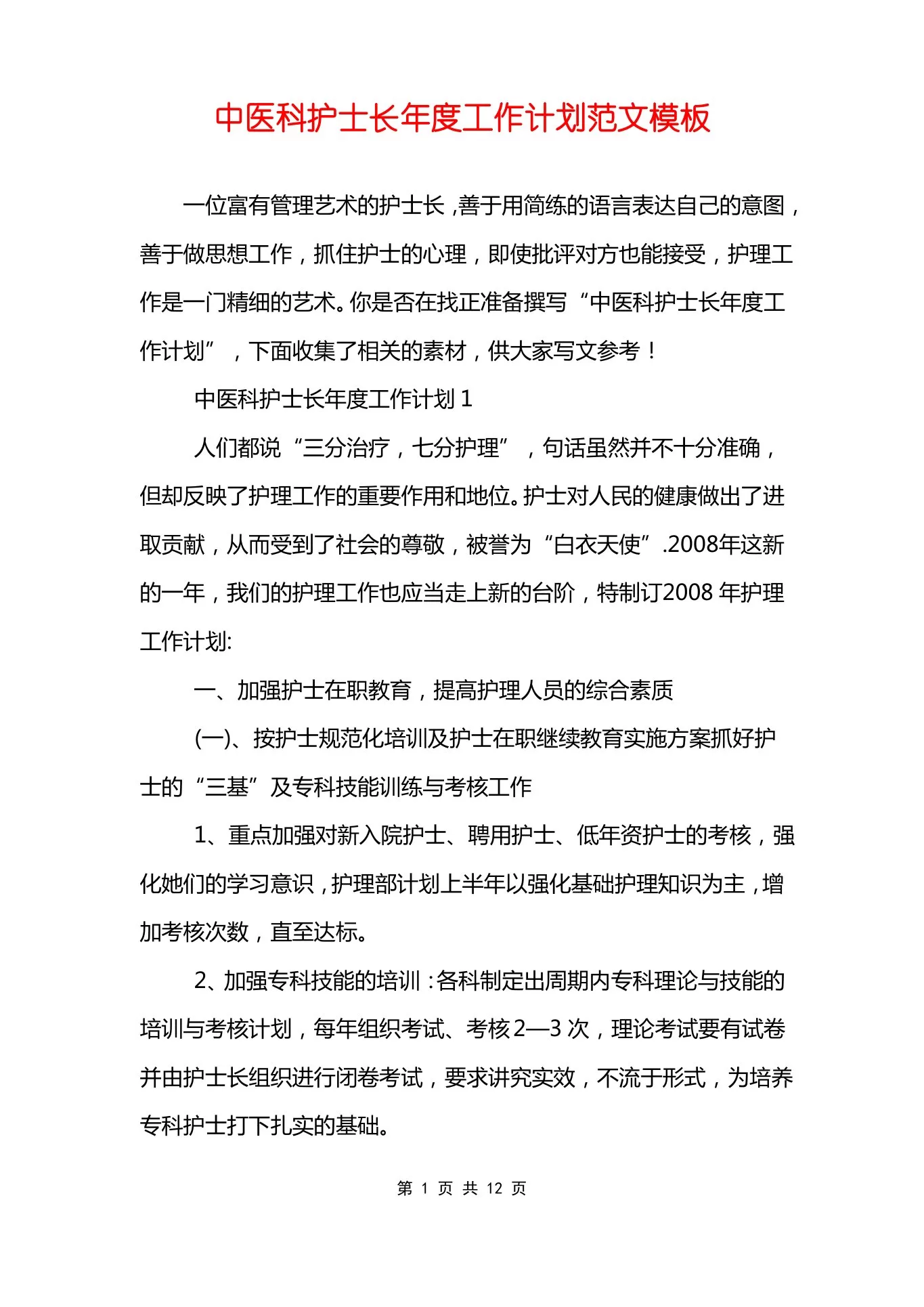 中医科护士长年度工作计划范文模板 预览图