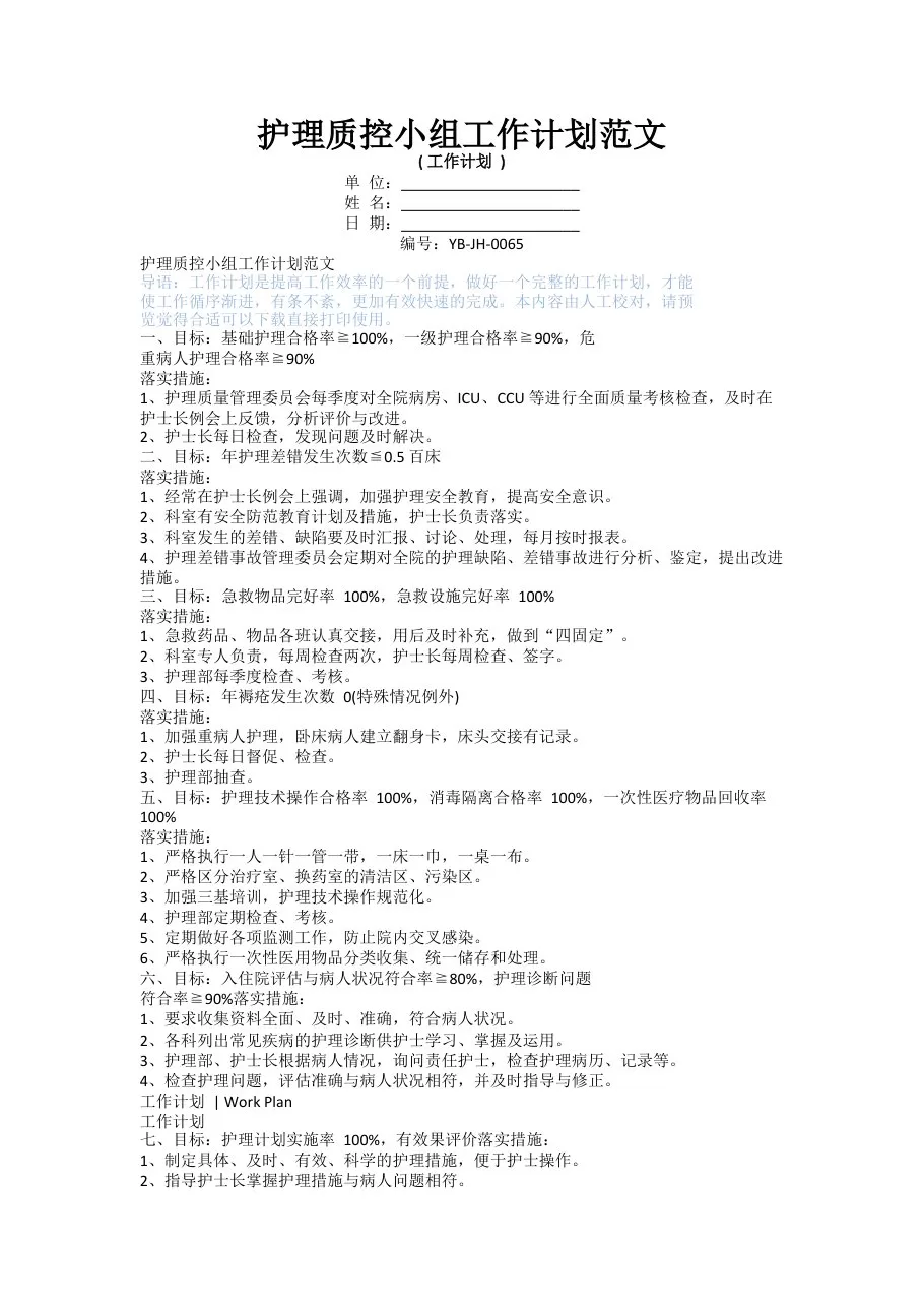 护理质控小组工作计划范文 预览图