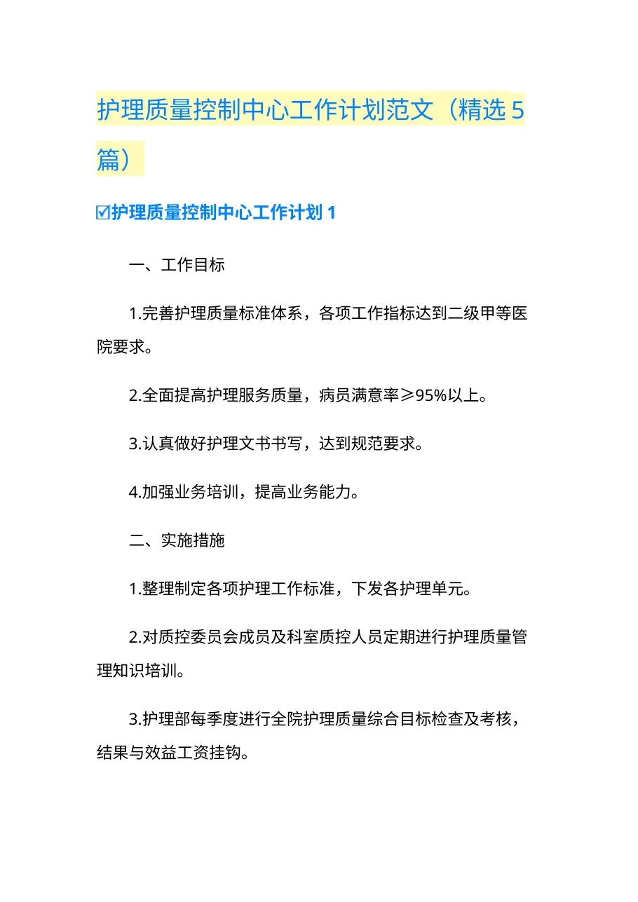 护理质量控制中心工作计划范文 预览图