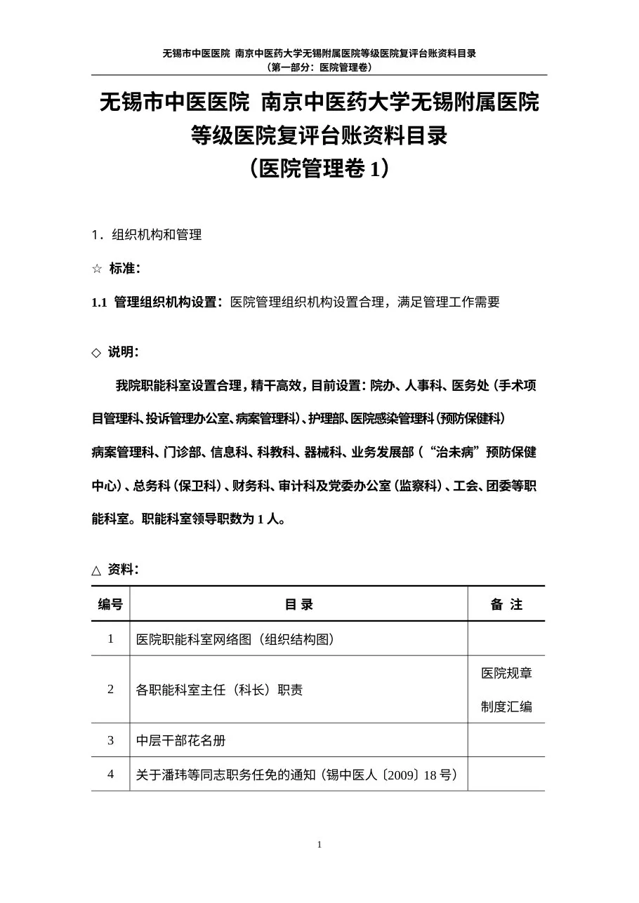等级医院复评资料目录（参考样稿）