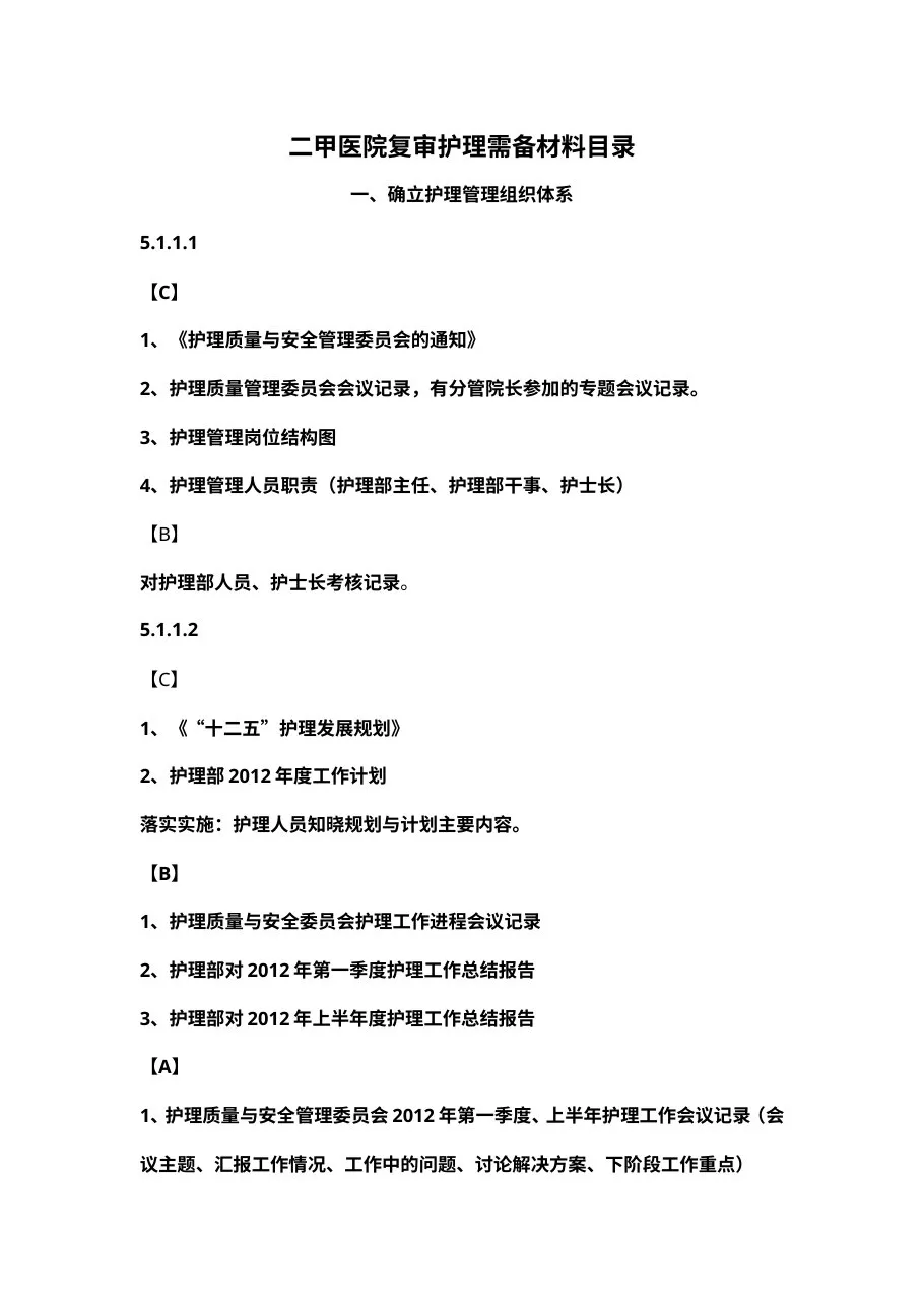 二甲医院复审护理需备材料目录