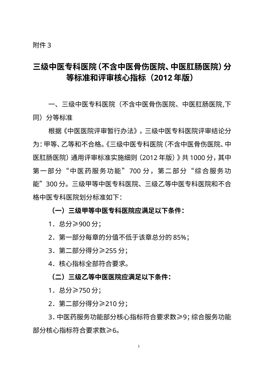 三级中医专科医院（不含中医骨伤医院、中医肛肠医院）分等标准和评审核心指标（2012年版） 预览图