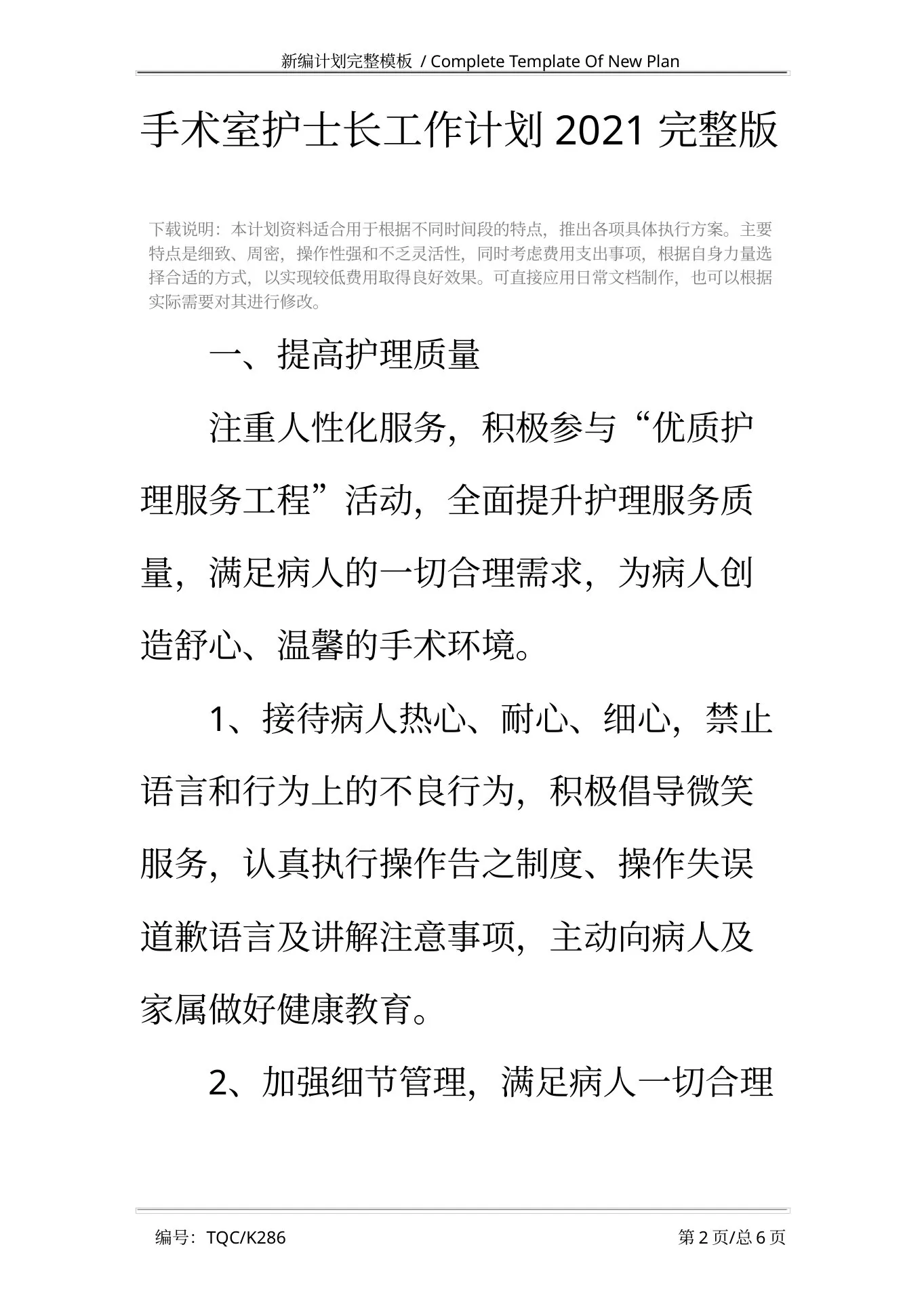 手术室护士长工作计划 预览图