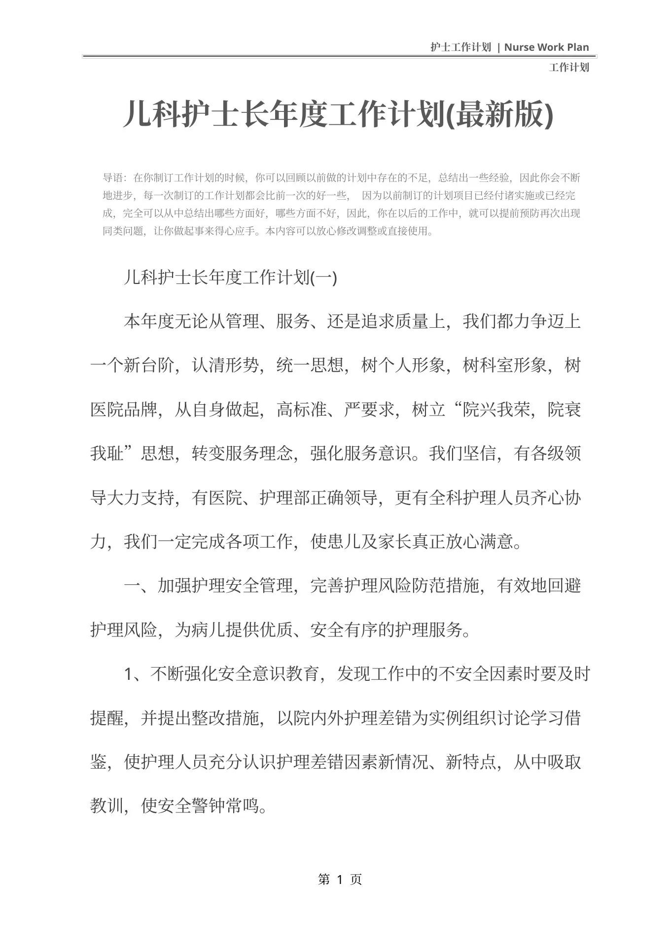 儿科护士长年度工作计划(最新版) 预览图