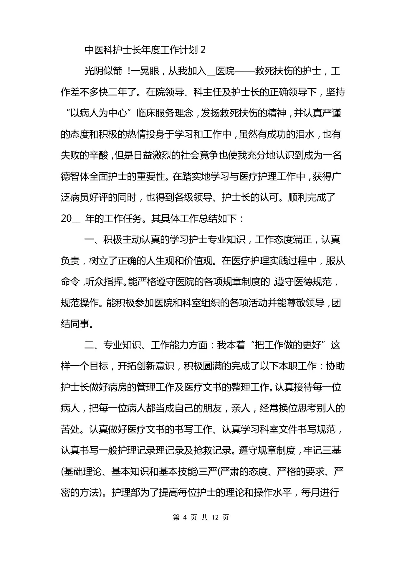 中医科护士长年度工作计划范文模板 预览图