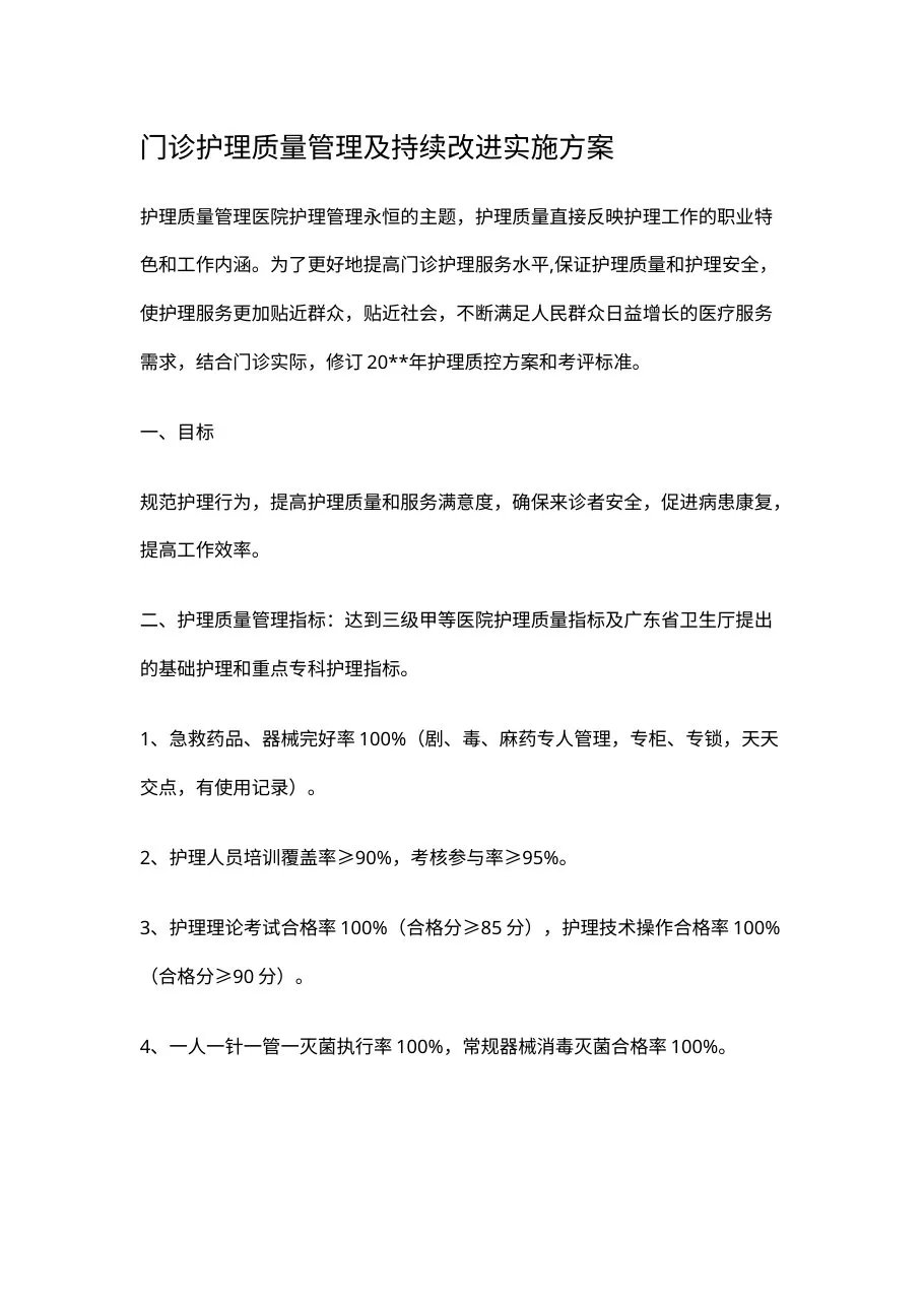 门诊护理质量管理及持续改进实施方案 预览图