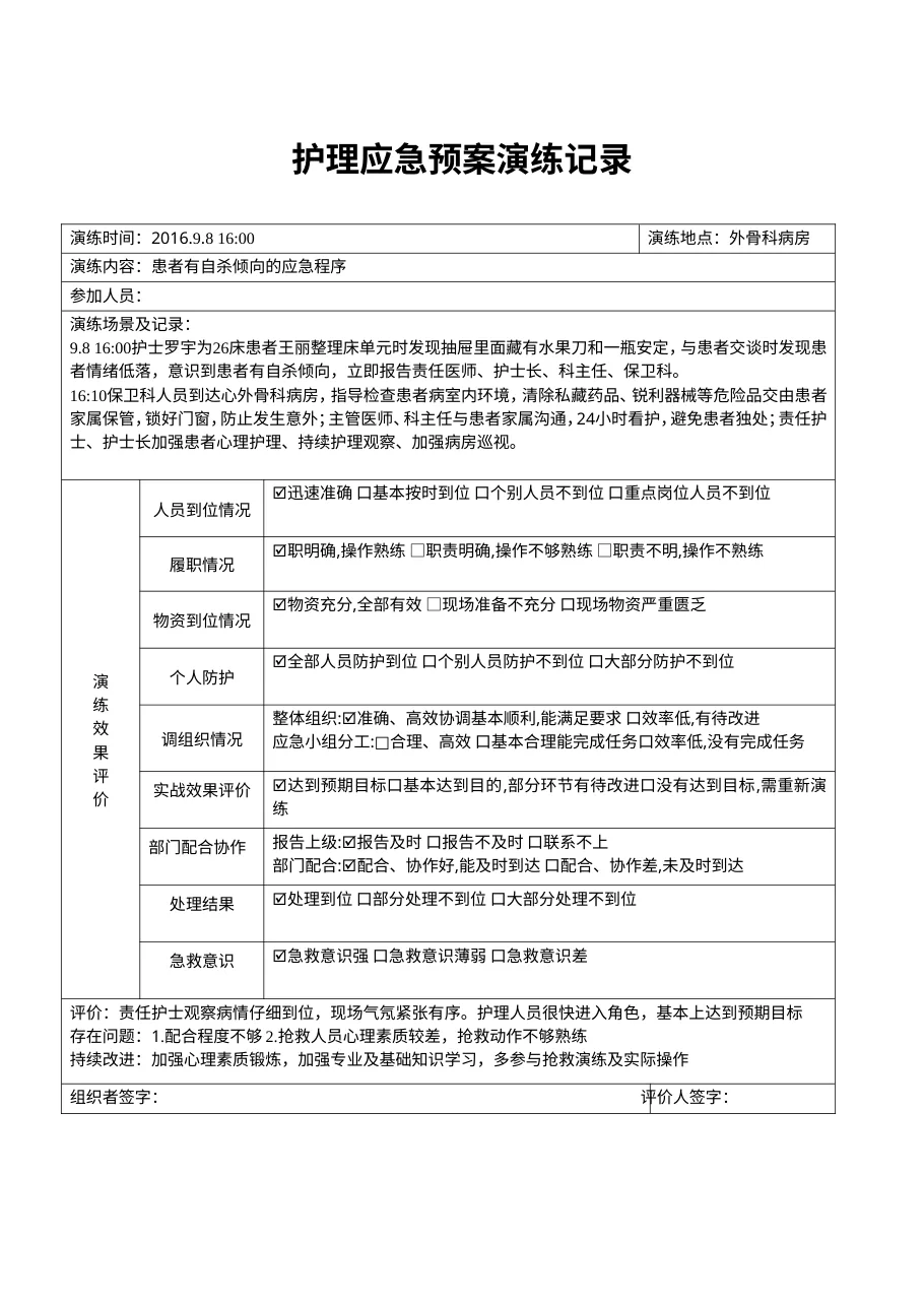 患者有自杀倾向的应急程序演练记录表 预览图