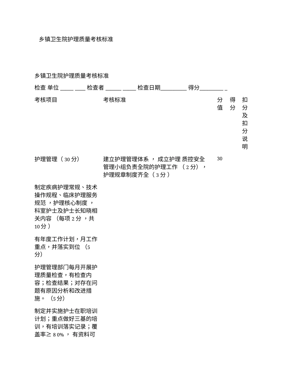 乡镇卫生院护理质量考核标准