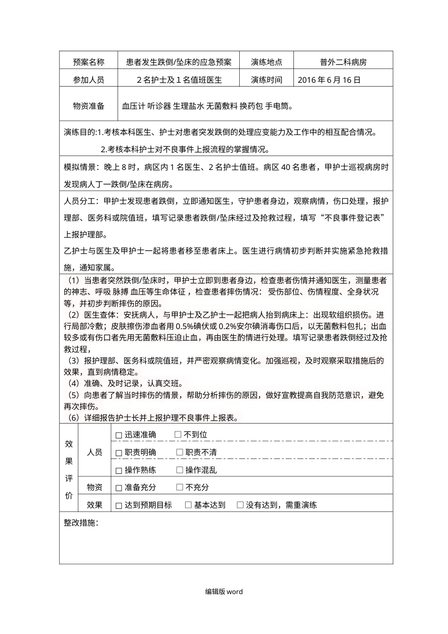 跌倒护理应急预案演练记录表 预览图
