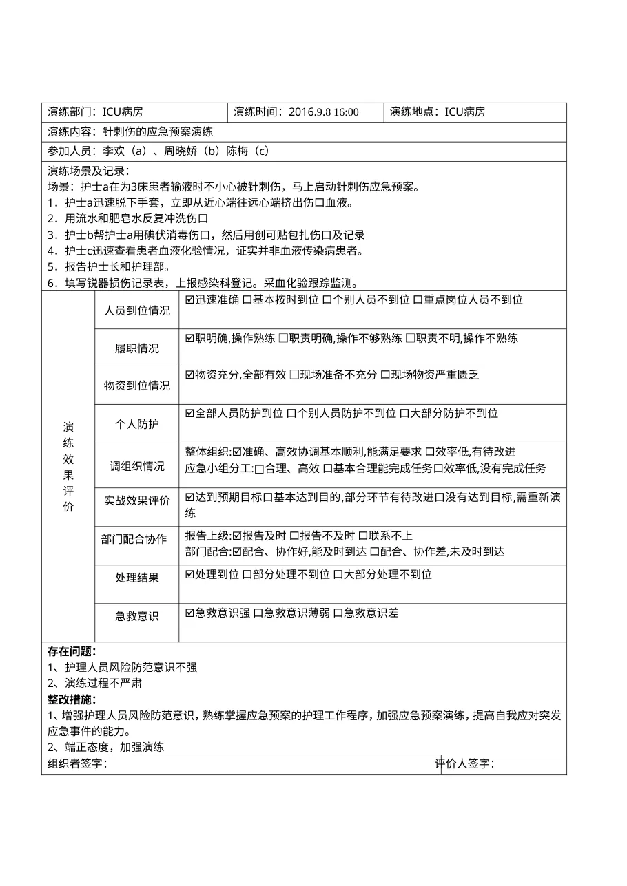 针刺伤应急预案演练记录表 预览图